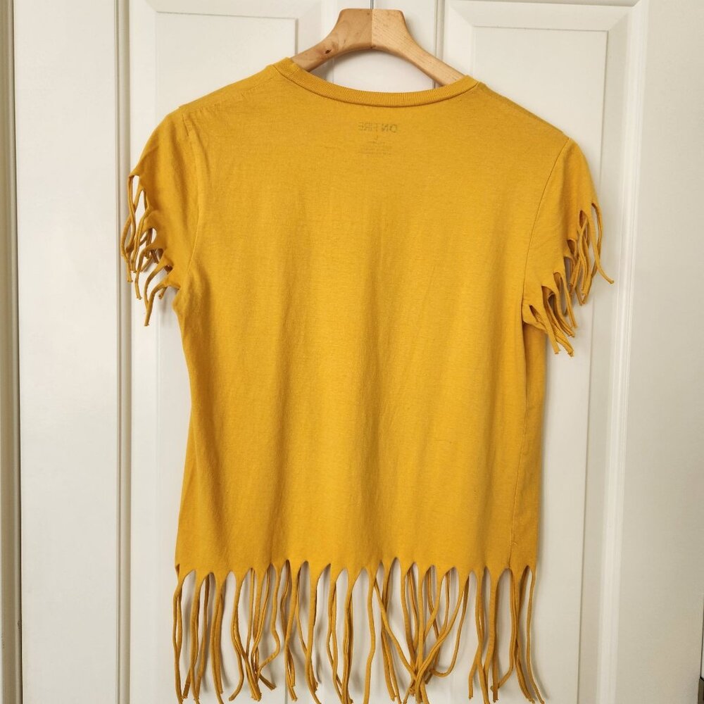 Hippie Girl Fringe Peace Sign Rainbow Graphic T-Shirt Yellow Boho Festival Cute - Picture 2 of 7